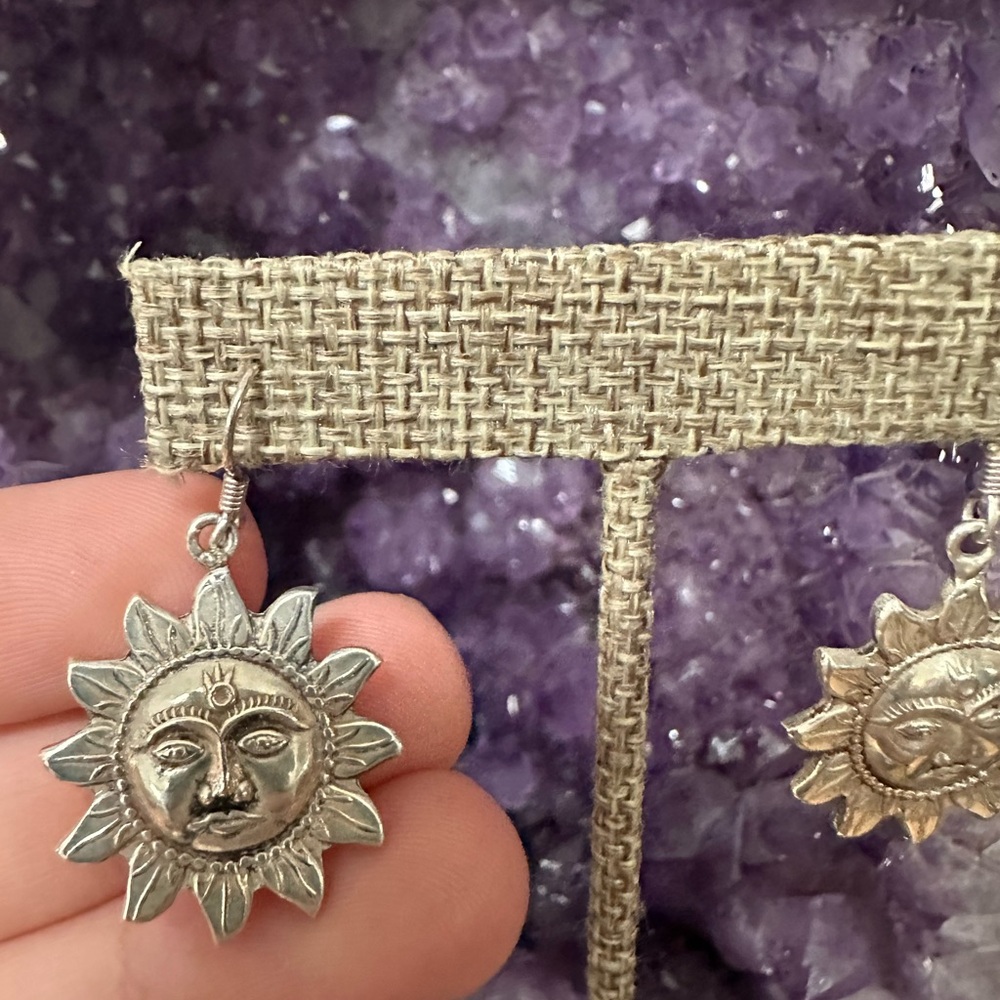 Vintage Sterling Silver Sun Face Earrings & Matching Ring, boho, hippie, ethnic - Picture 3 of 7
